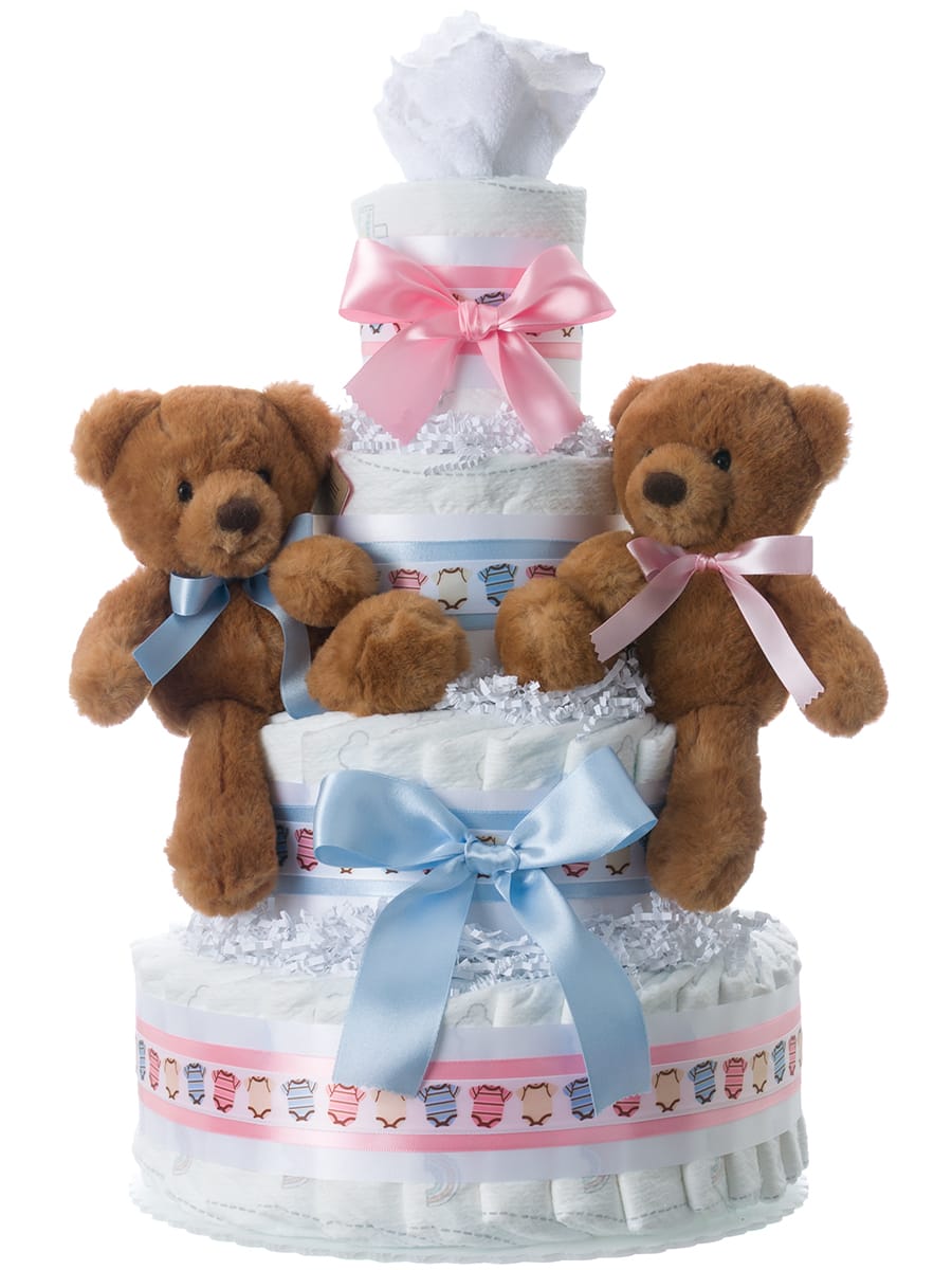 Lil' Baby Cakes Twin Boy Girl Bears Baby Diaper Cake