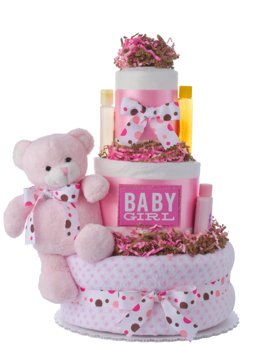 Lil' Baby Cakes Dottie Pink Bear Girls Diaper Cake