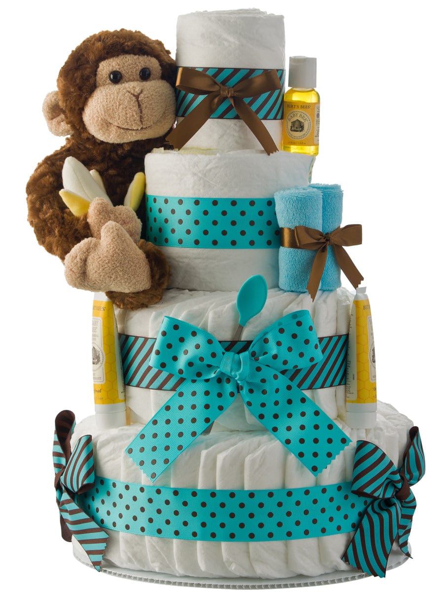 Lil' Baby Cakes Substitute Johnsons Our Lil' Monkey 4 Tier Diaper Cake Teal