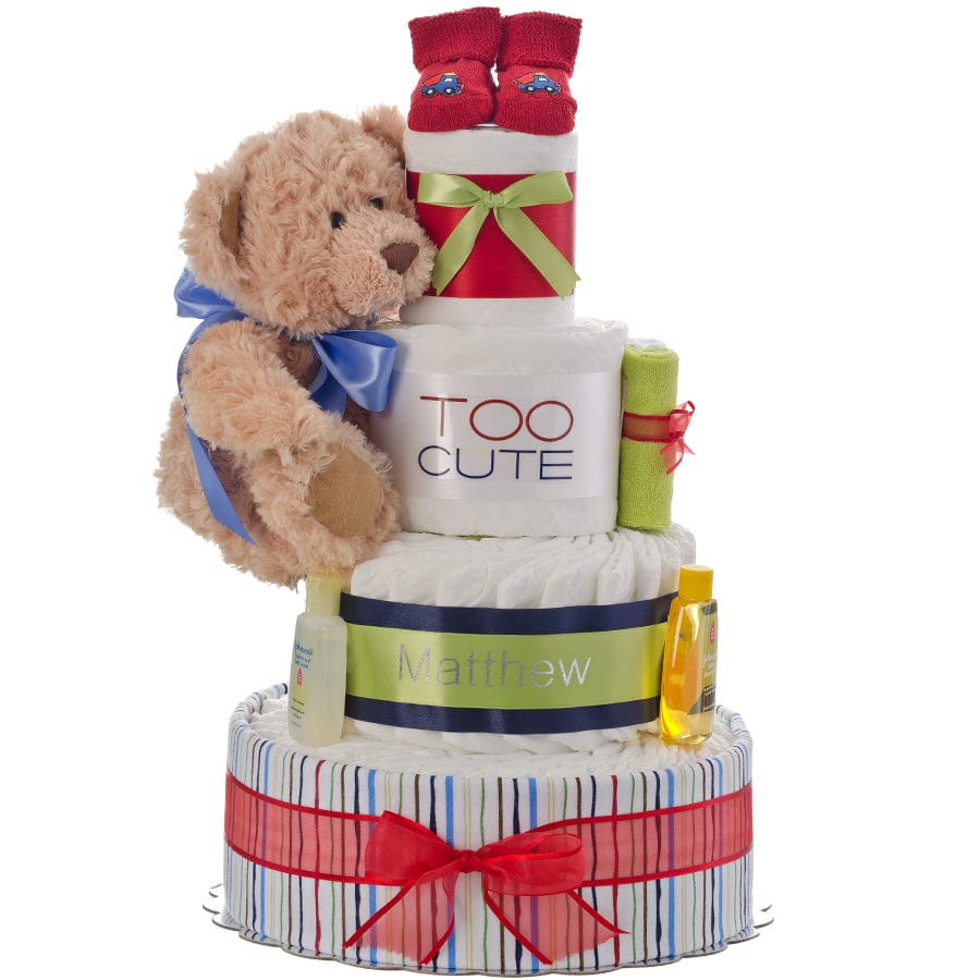 Lil' Baby Cakes Too Cute Boy Personalized 4 Tier Diaper Cake