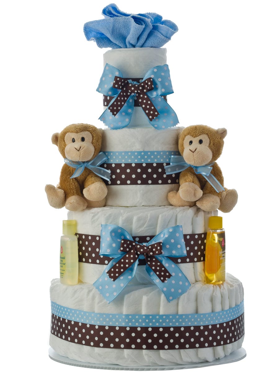 Lil' Baby Cakes Twin Boys Monkey 4 Tier Diaper Cake