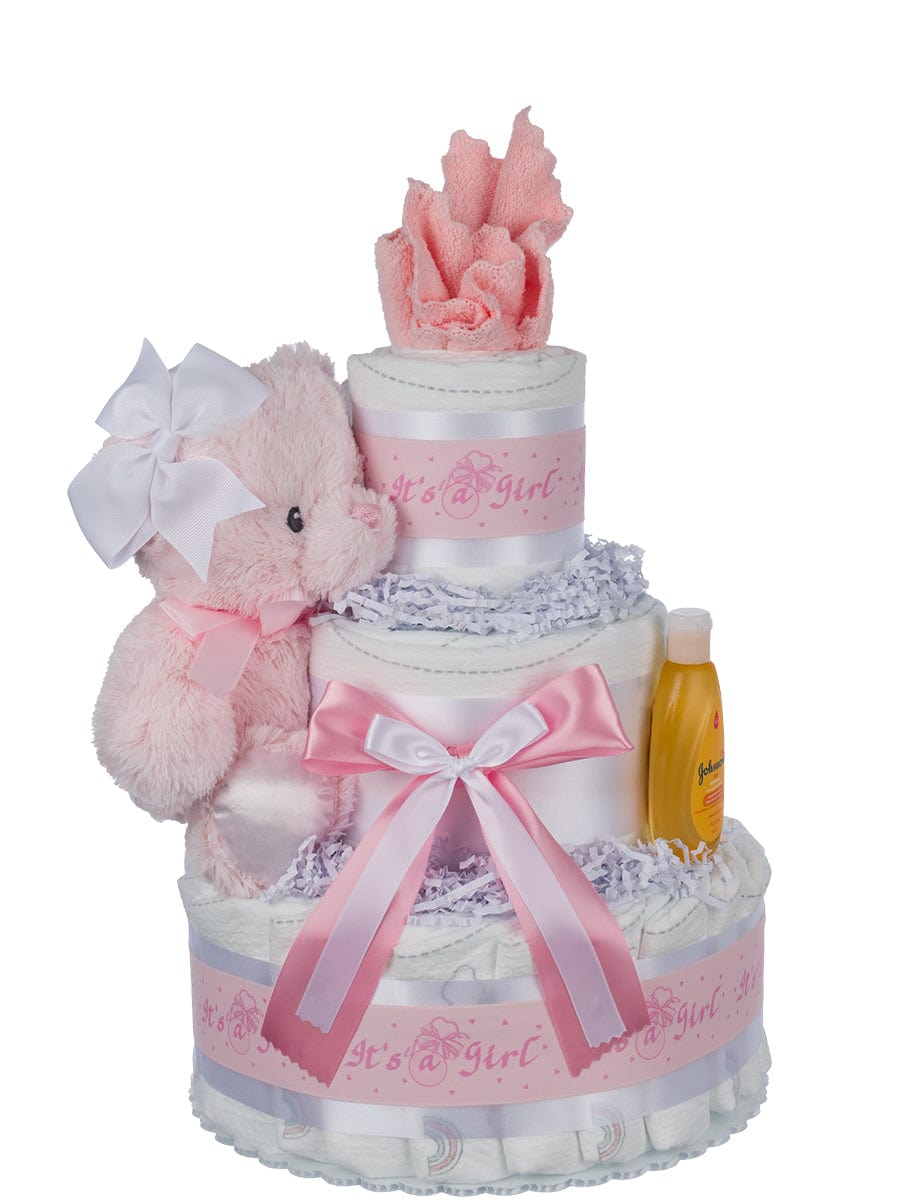 It's a Girl 3 Tier Baby Diaper Cake exclusively at Lil' Baby Cakes