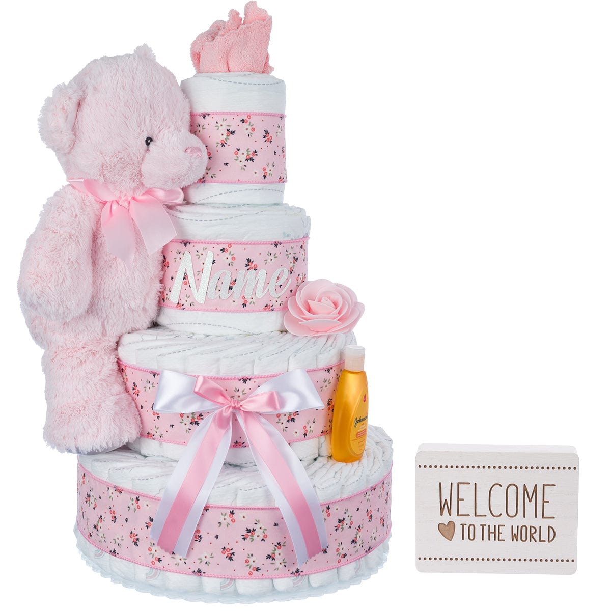 Lil' Baby Cakes Welcome to the World Girl 4Tier Personalized Diaper Cake