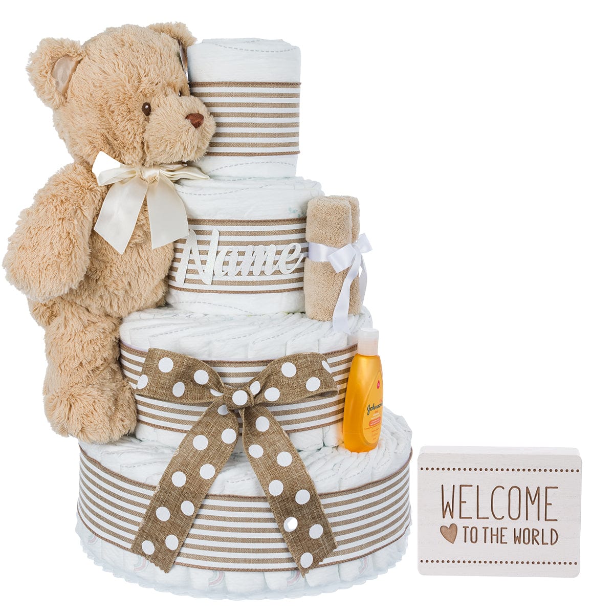 Lil' Baby Cakes Welcome to the World Neutral 4Tier Personalized Diaper Cake