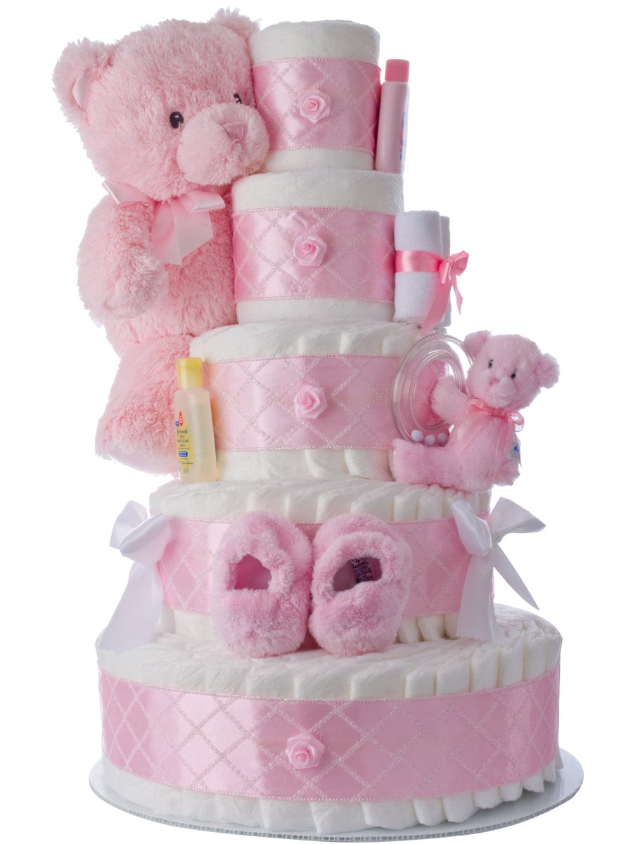 Lil&#39; Baby Cakes 5 Tier Pink Diaper Cake for Girls