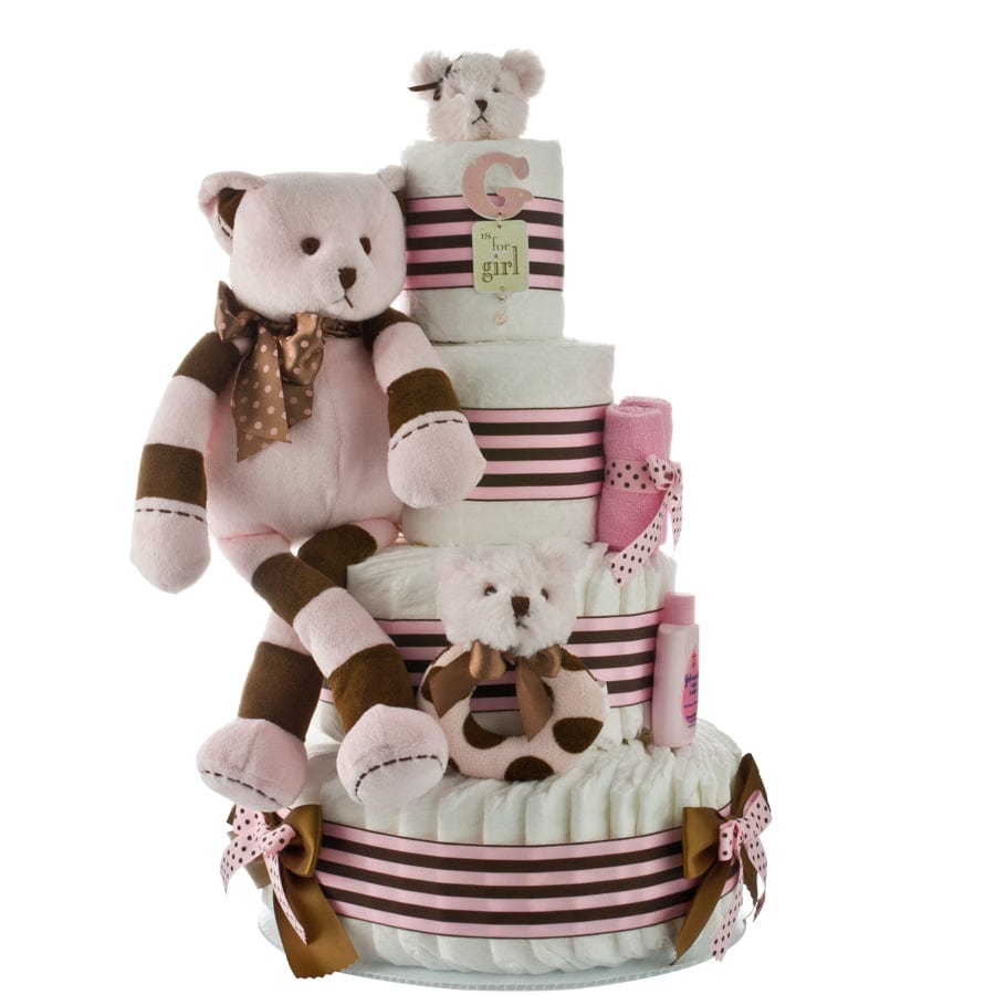 Lil&#39; Baby Cakes G is for Girl Pink Brown Bear Diaper Cake