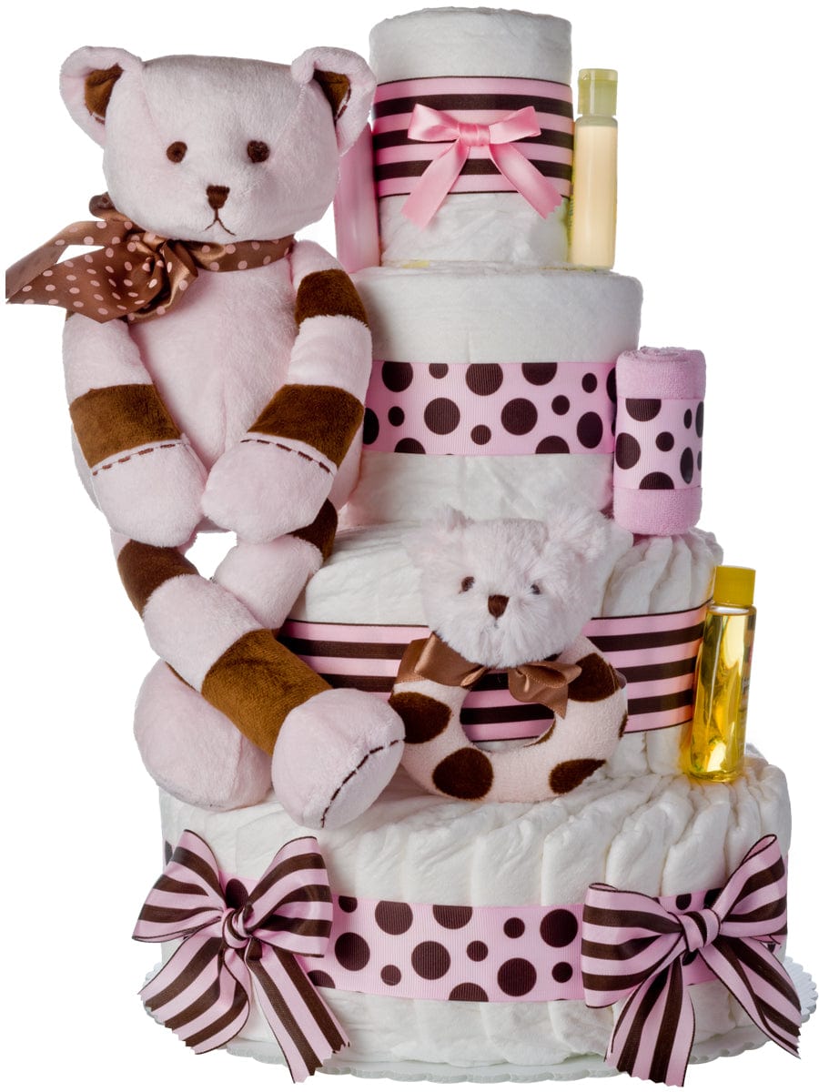 Lil' Baby Cakes Lil' Baby Cakes Pink Striped Bear 4 Tier Diaper Cake