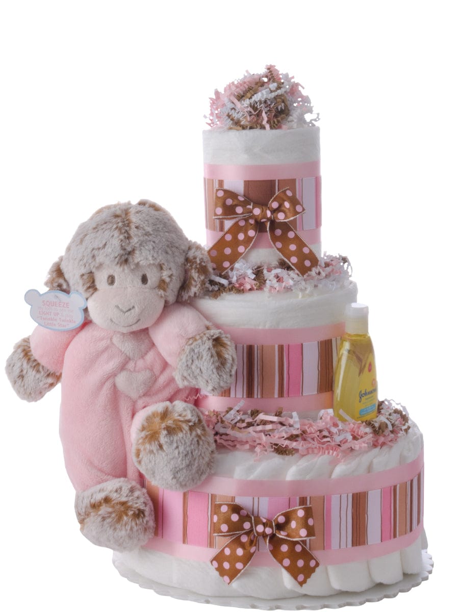 Lil' Baby Cakes Musical Monkey Pink Baby Girl Diaper Cake