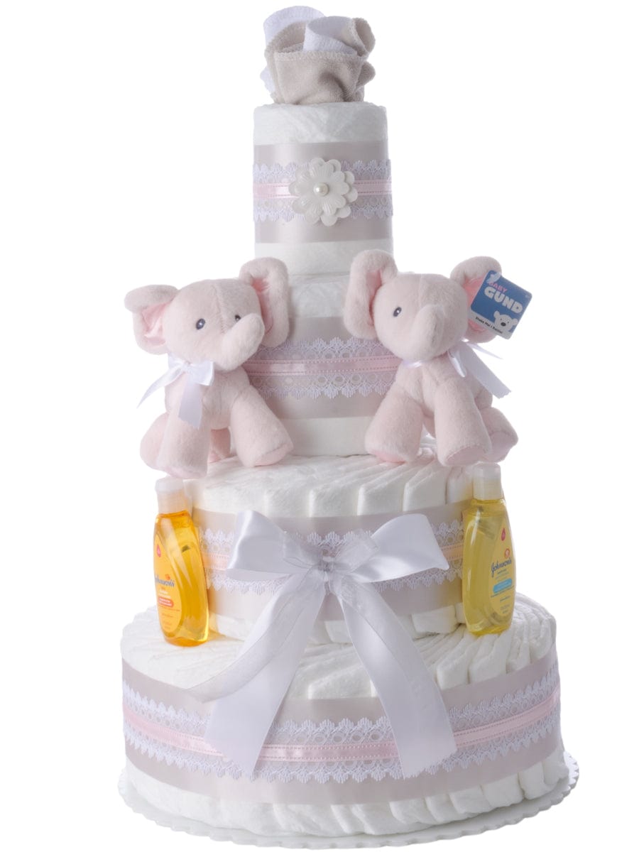 Lil' Baby Cakes Pink Baby Elephant Twins Diaper Cake for Girls