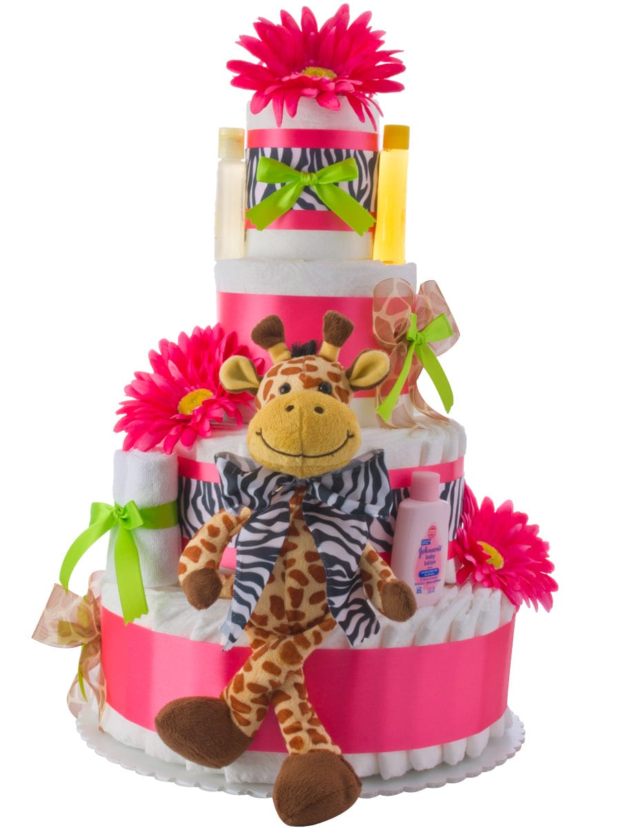 Lil&#39; Baby Cakes Pink Safari Giraffe 4 Tier Diaper Cake