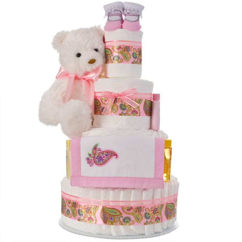Lil&#39; Baby Cakes Pretty And Pink Paisley 4 Tier Diaper Cake