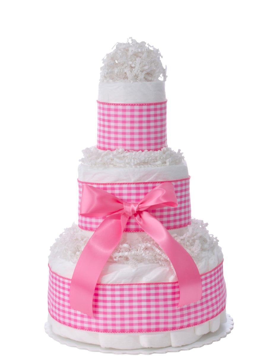 Sweet Pink Gingham 3 Tier Diaper Cake exclusive at Lil' Baby Cakes