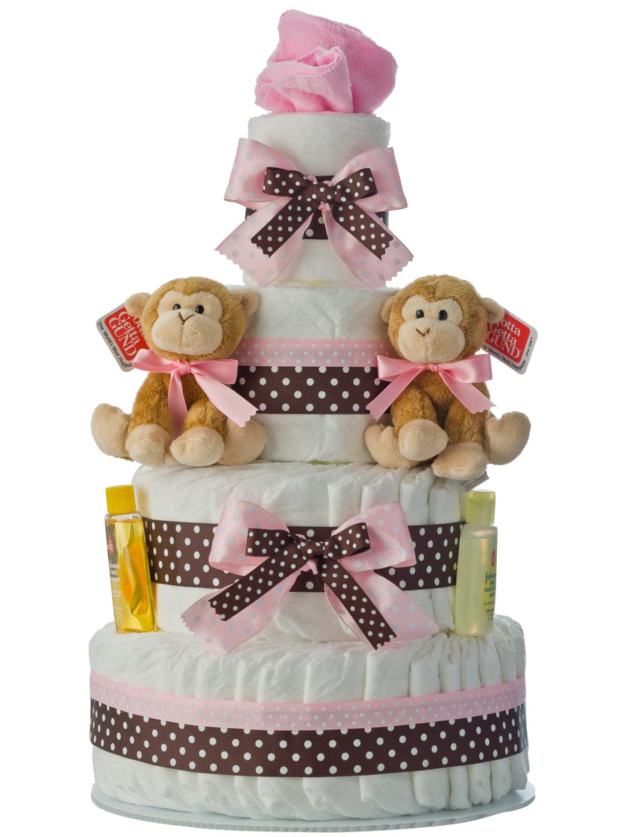 Lil' Baby Cakes Check this Box for Boy-Girl Combo Twin Girls Monkey 4 Tier Diaper Cake