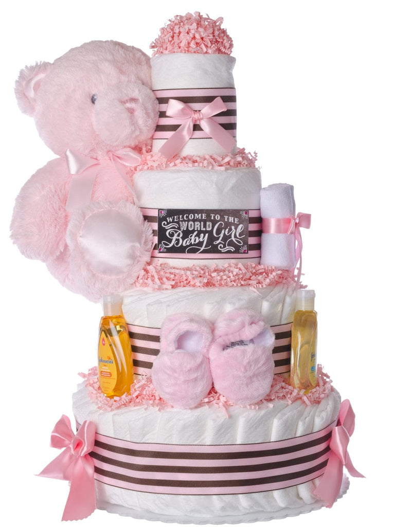 Welcome World Baby Girl Diaper Cake exclusive at Lil' Baby Cakes